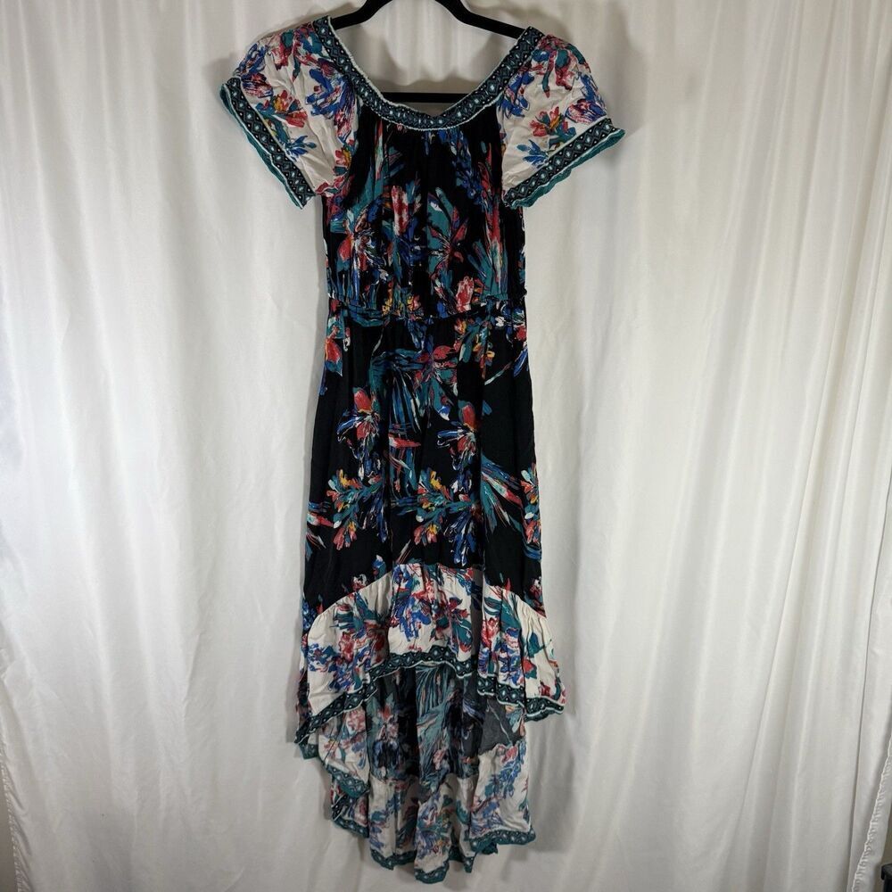 Flying Tomato Midi Dress Women's Small Blue Red Floral Round Neck High Low